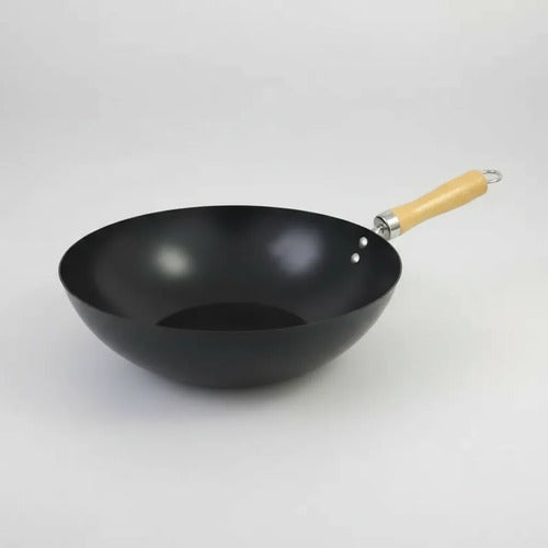 Sartén Wok Redondo Mango Madera Antiadherente Acero Carbono Negro