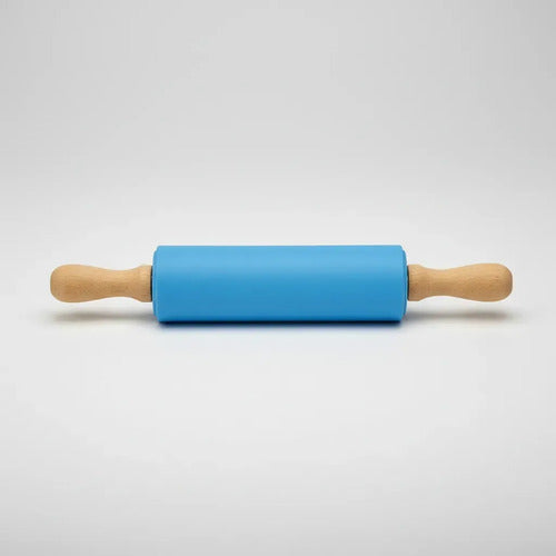 Rodillo Palo Amasar Silicona Madera Y Silicona 25cm Mango Celeste