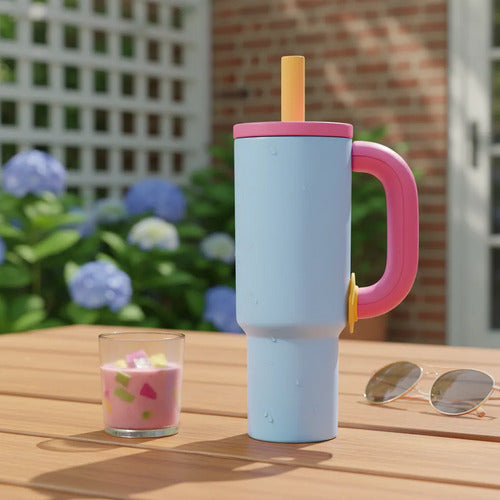 Vaso Termico Acero Inoxidable 1200ml Sorbito Tapa Ergonomico Celeste Con Rosado Bicolor / Mate
