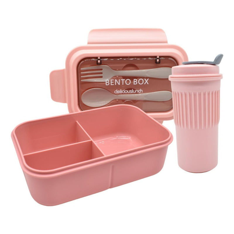 Lonchera Vianda Con Vaso Y Cubiertos De Plastico 1200ml