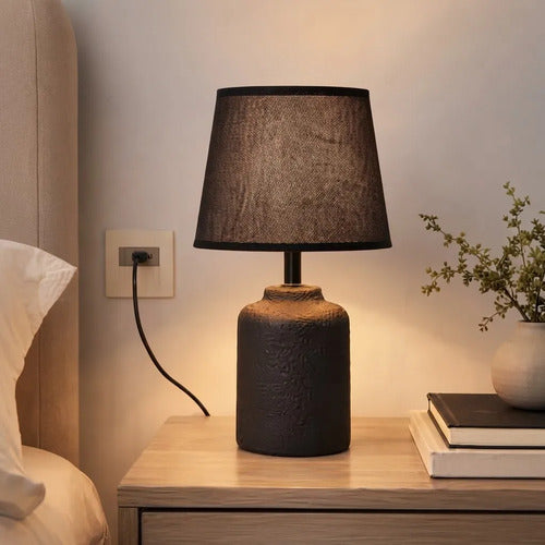 Lámpara De Mesa Cerámica Pantalla Tela E27 33cm Negro
