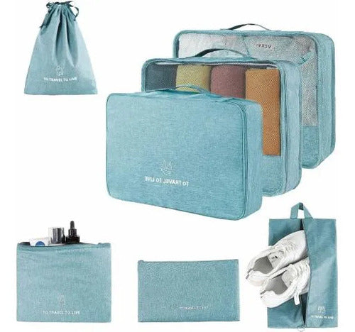 Set Pack Organizadores Viaje 7 Piezas Valija Ropa Bolsas Celeste