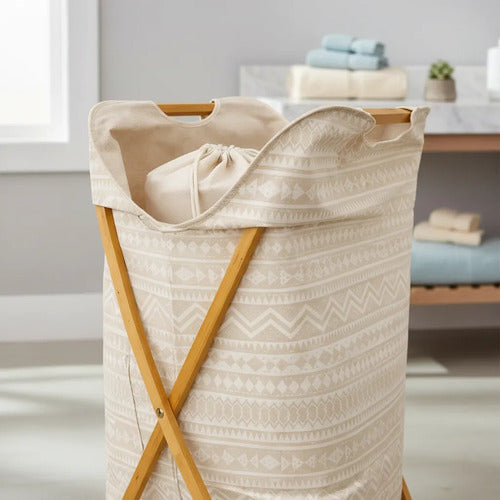 Canasto Cesto Ropa Plegable Ropa Lavanderia Madera Tela Beige Geométrico