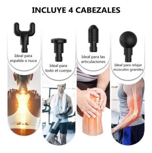 Masajeador Inalambrico Martillo De Masajes 4 Cabezales Negro