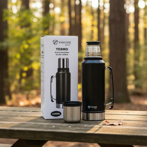 Termo Acero Inoxidable Doble 1200ml Hermético Asa Plegable Negro
