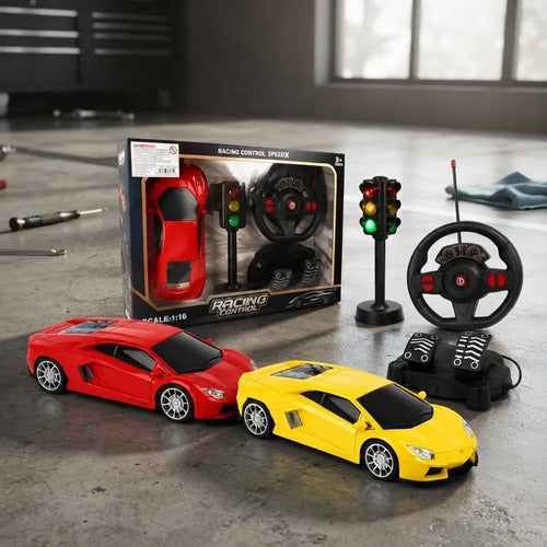 Auto Rc Volante Pedalera Escala 1:16 Semáforo Luz Sonido Rojo