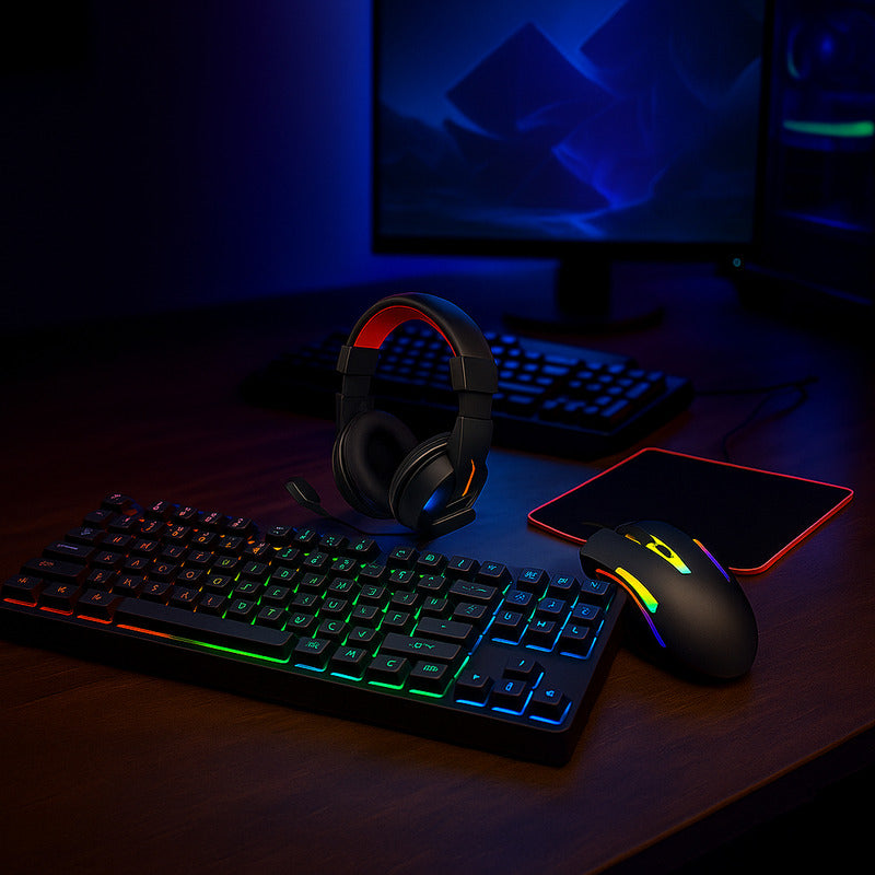 Combo Teclado Mouse Auricular Y Mousepad Con Cable Gamer