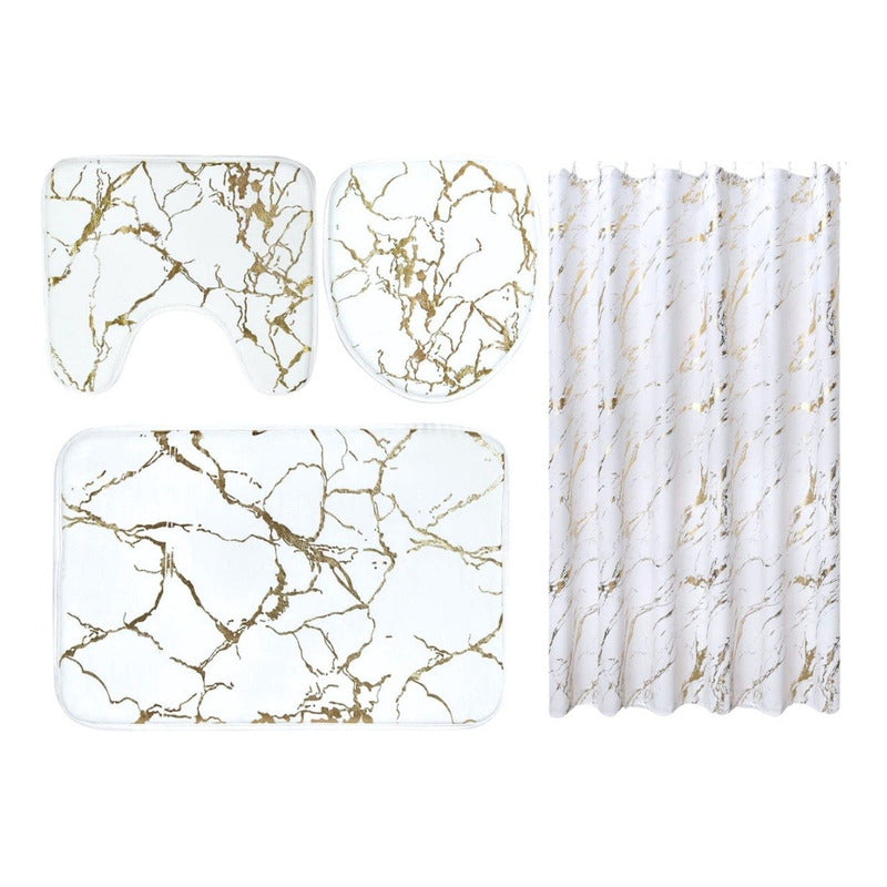 Set De Alfombras Y Cortina De Baño Diseño Marmol 4pcs.