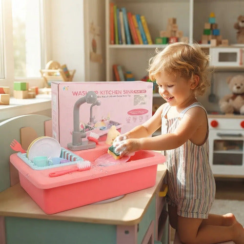 Lavaplatos Infantil Con Agua Accesorios 2 Pilas Aa 40cm Rosa
