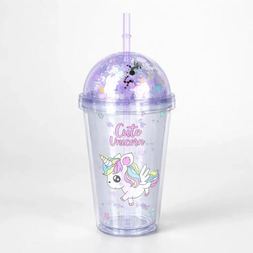 Vaso Acrílico Doble Pared Unicornio Tapa Sorbito 380ml Termo Celeste