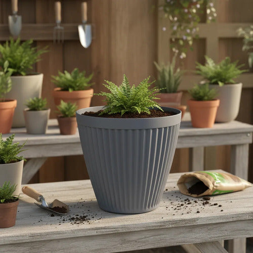 Maceta Grande Plastica Decorativa 34x33cm Jardin Exterior Gris Acanalado Vertical