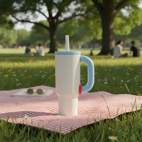Vaso Termico 1.2l Acero Manija Sorbito Tapa 4 Color Botella Blanco Con Celeste Moderno Con Manija Y Sorbito