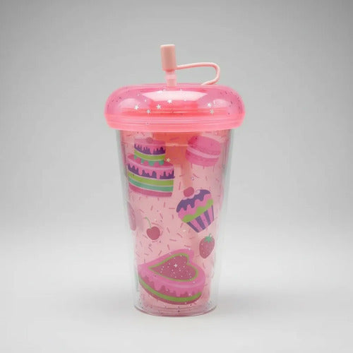 Vaso Acrílico Tapa Silicona Sorbito 450ml Doble Pared Rosa Rosa