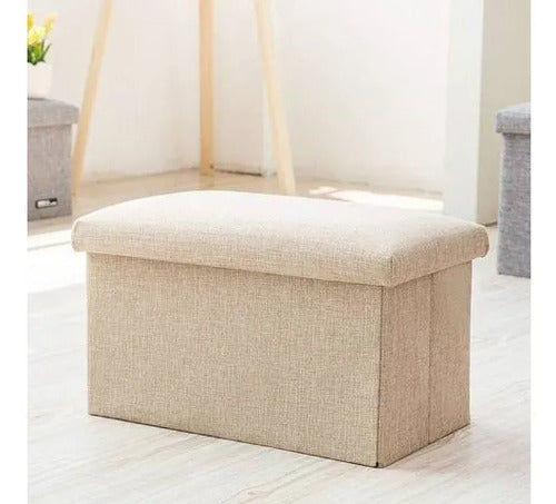 Banco Organizador Baul Taburete Plegable Tapa Acolchada Beige Tela Tramada Lisa