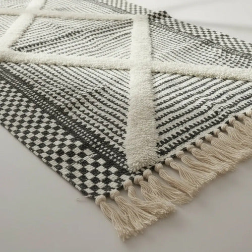 Alfombra Bohemia Algodón Decorativa 60x90 Geométrica Boho 90 Cm 60 Cm Gris