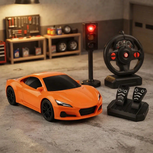 Auto Rc Volante Pedalera Semáforo Luz Sonido Escala 1:16 Naranja