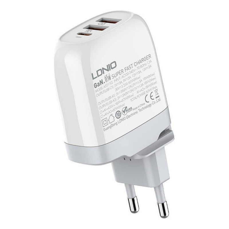Cargador De Pared 65w Gan 2 Usb + 1 Usb Tipo C