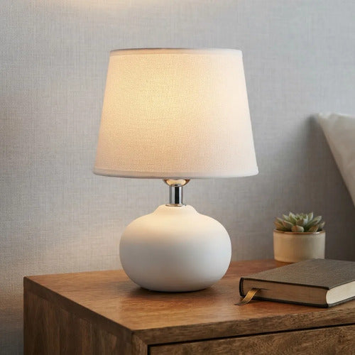Lámpara Mesa Velador Cerámica Pantalla Tela E27 26cm Blanco