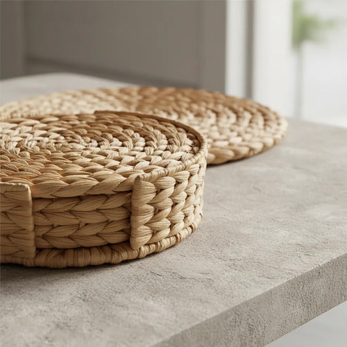 Set Individuales Tejidos Ratán 7 Piezas Cesto Mesa Rattan Amarillo Tejido