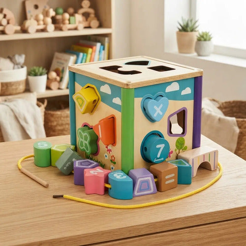 Cubo Didáctico Madera Motricidad Formas Colores 15cm 36m+ Multicolor