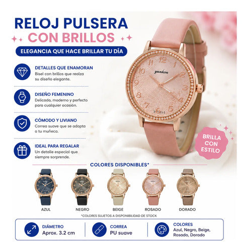Reloj De Pulsera Femenino Brillos Elegante Mujer Analógico Azul