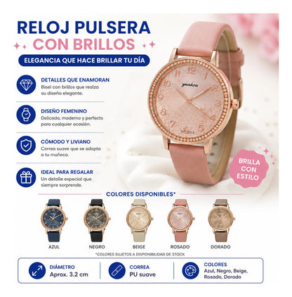 Reloj De Pulsera Femenino Brillos Elegante Mujer Analógico Azul