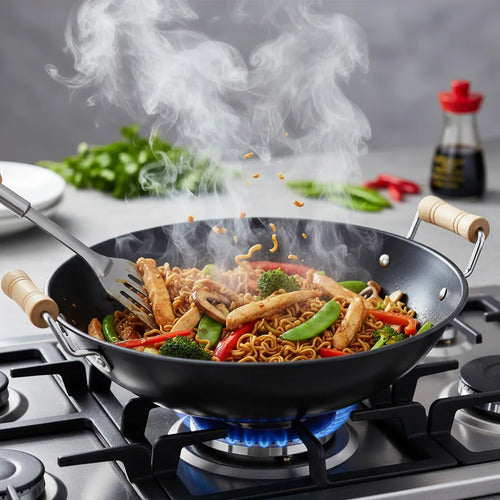 Sartén Wok Antiadherente Acero Carbono Redondo Asas Madera Negro
