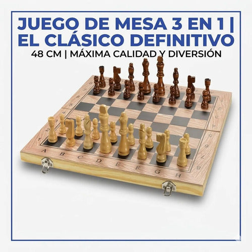 Tablero Ajedrez Juego Mesa Madera 3 En 1 Damas Backgammon