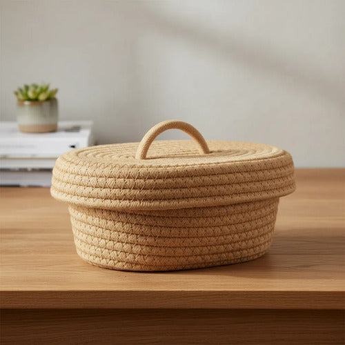 Canasto Cesto Organizador Tejido Tapa Asa 27x9cm Algodón Marrón