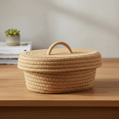 Canasto Cesto Organizador Tejido Tapa Asa 27x9cm Algodón Marrón