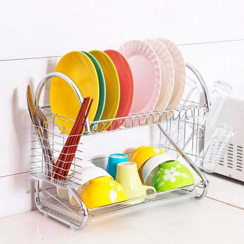 Escurridor De Platos Doble Piso Metal Cubiertos Secaplatos Plateado