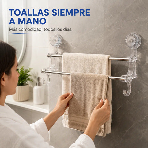 Porta Toalla Toallero Baño Ventosas 58x21cm Doble Barra Baño Plateado