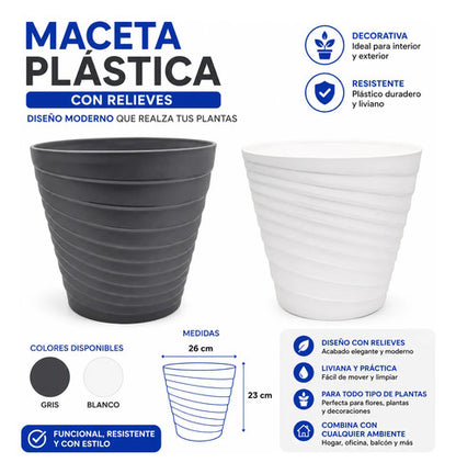 Maceta Plastica Decorativa Relieve Interior Exterior Jardin Blanco