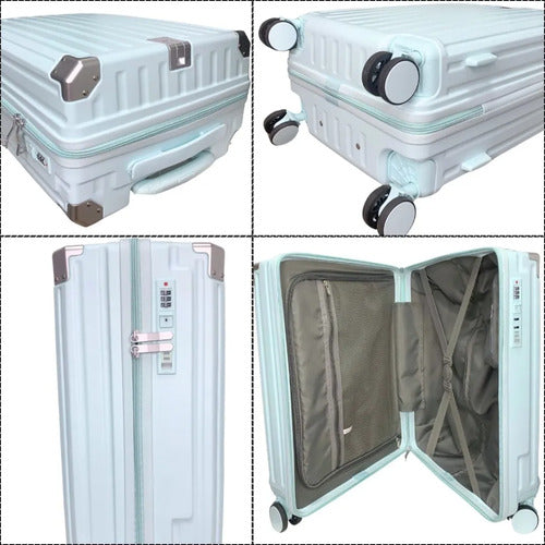 Valija Viaje Rigida 4 Ruedas Colores Puerto Usb 24 Pulgadas Celeste Rayas