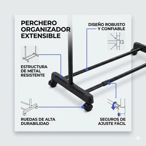 Perchero Ropero Doble Extensible Rueda Organizador 155 Metal Negro