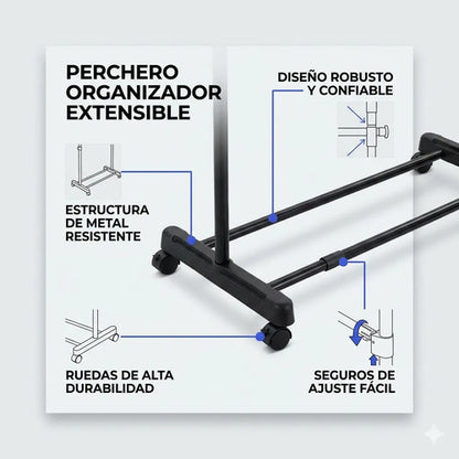 Perchero Ropero Doble Extensible Rueda Organizador 155 Metal Negro
