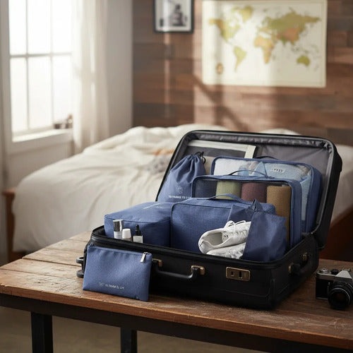 Set Pack Organizadores Viaje 7 Piezas Valija Ropa Bolsas Azul