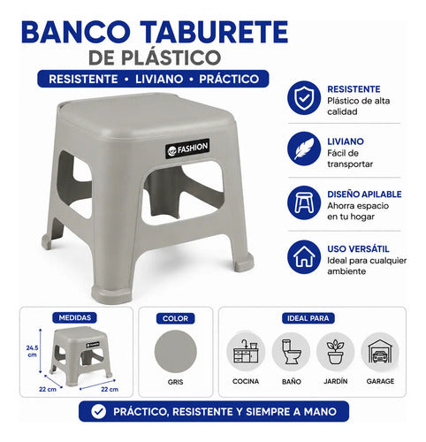 Banco Taburete Banquito Plástico Multiuso 22x22x24,5cm Mate Gris