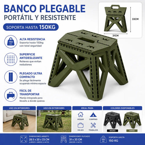 Banco Taburete Plegable Portátil Plástico Reforzado 23cm Mate Verde