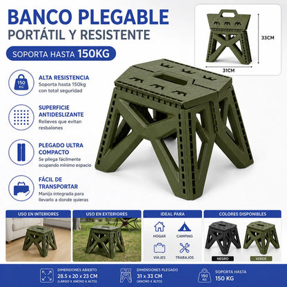 Banco Taburete Plegable Portátil Plástico Reforzado 23cm Mate Verde