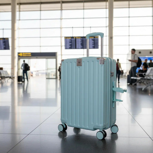 Valija Viaje Rigida 4 Ruedas Colores Puerto Usb 24 Pulgadas Celeste Rayas