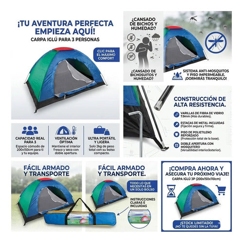 Carpa Iglu Camping 3 Personas Impermeable Bolso 200x150x110 Aleatorio