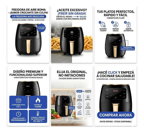 Freidora Aire Sin Aceite 4.5 Litro 1200w Temporizador Horno Negro O Verde Segun Disponibilidad