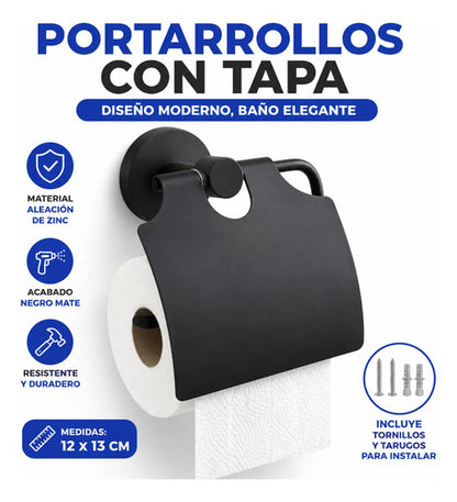 Portarrollos Soporte Papel Higiénico Baño Pared Tapa Baño Negro