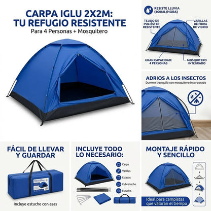 Carpa Iglu Camping Impermeable 4 Personas Bolso 2x2x1.40m Azul