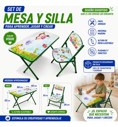 Set Mesa Silla Infantil Plegable Ajustable Diseño 60x40cm Verde