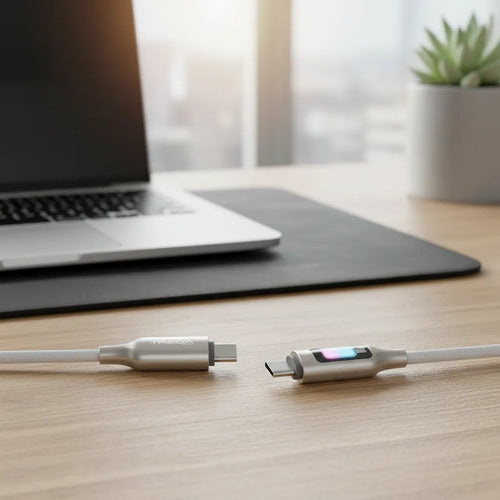 Cable Usb C A C 1.2m 5a Indicador Display Led Reforzado Plateado