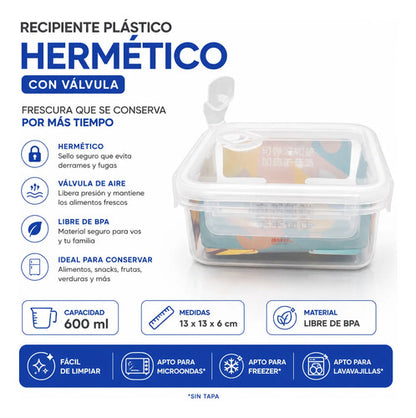 Recipiente Contenedor Tupper Hermético Plástico Válvula 600m Transparente