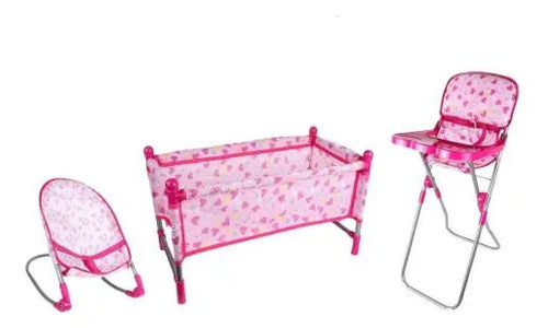 Set 3 En 1 Cuna Silla Alta Mecedora Para Muñecas Plegable Rosa