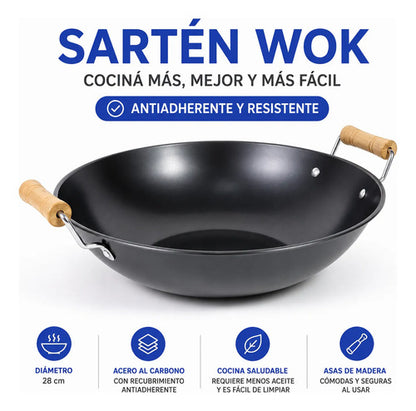 Sartén Wok Antiadherente Acero Carbono Redondo Asas Madera Negro